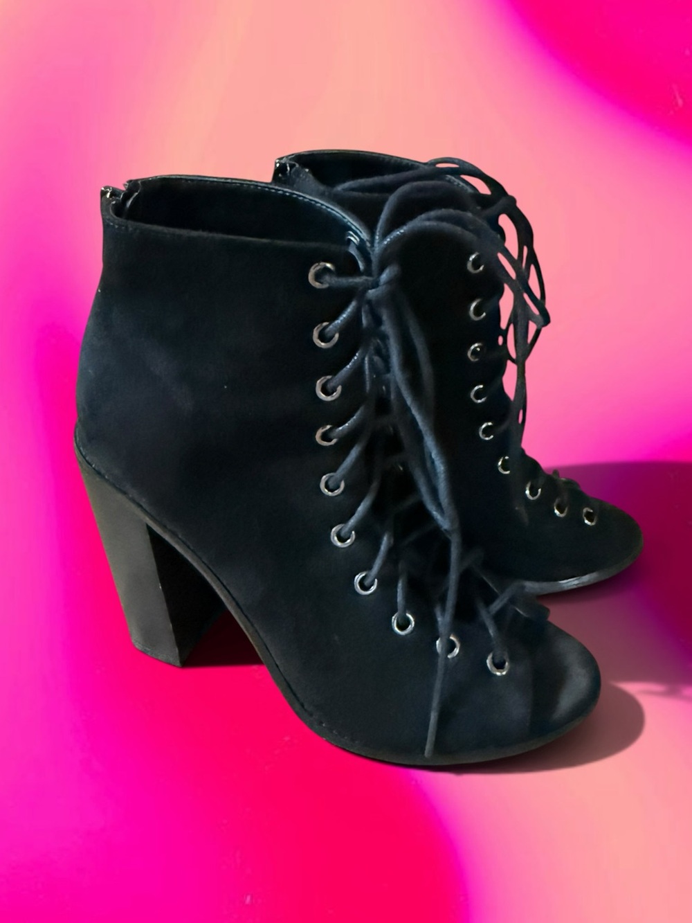 Olivia Ferguson Black Suede Lace-Up Peep-Toe Women's Booties Sway Black Heels
